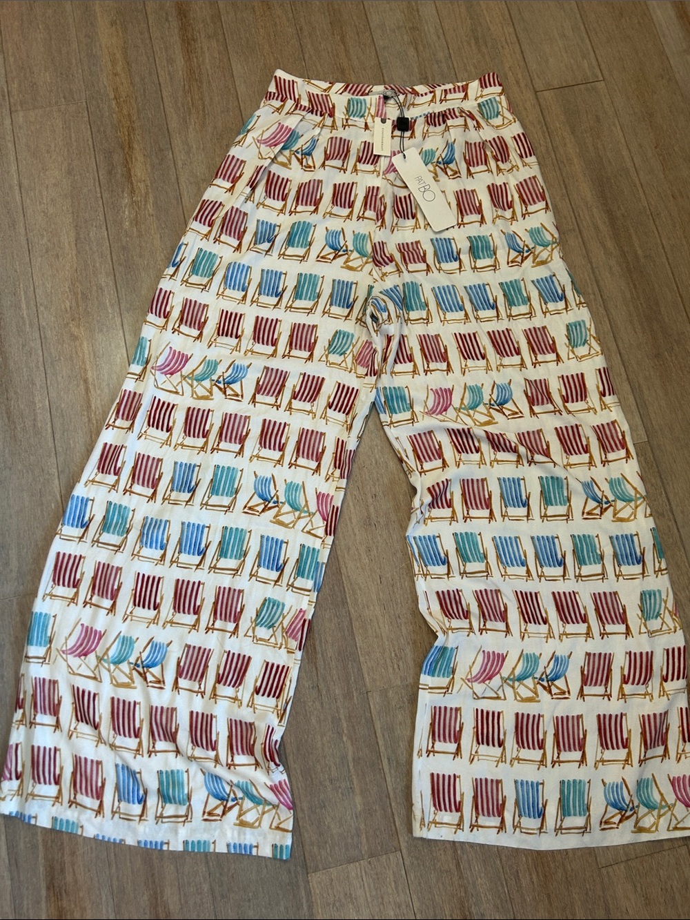 Anthropologie PATBO BEIGE 'BEACH CHAIR' PRINTED WIDE LEG TROUSERS SIZE XL